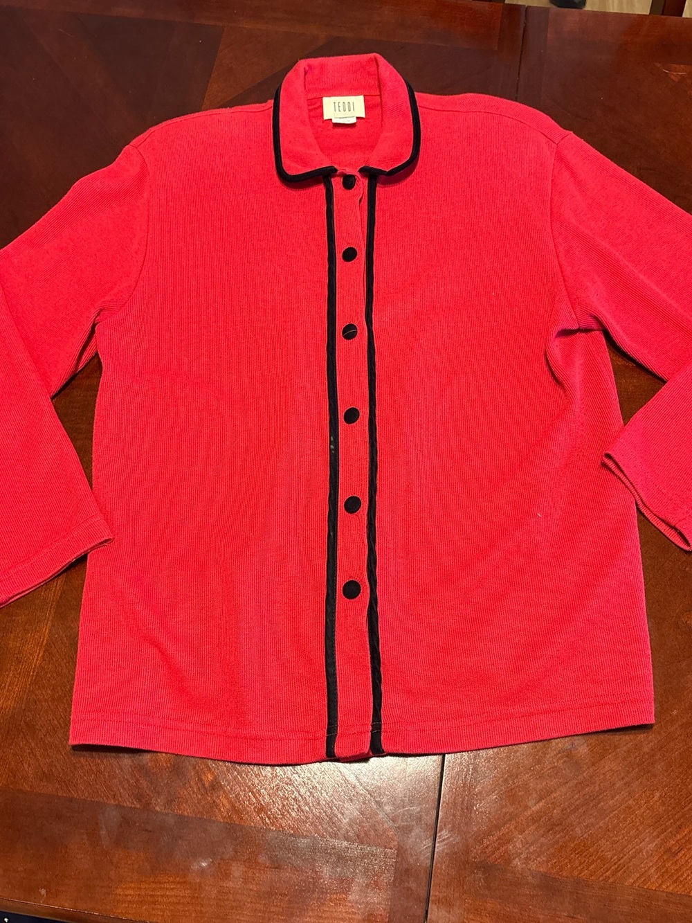 Teddi Red Button-Front Jacket with Black Trim